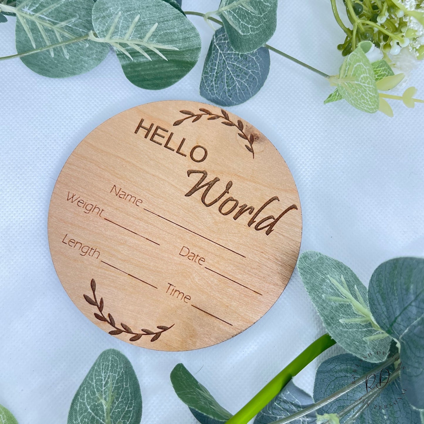 Hello World Plaque, Leaf Boho Design, Photo Prop