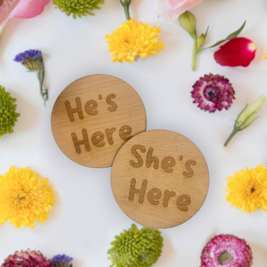 He's Here She's Here Baby Announcement Plaque