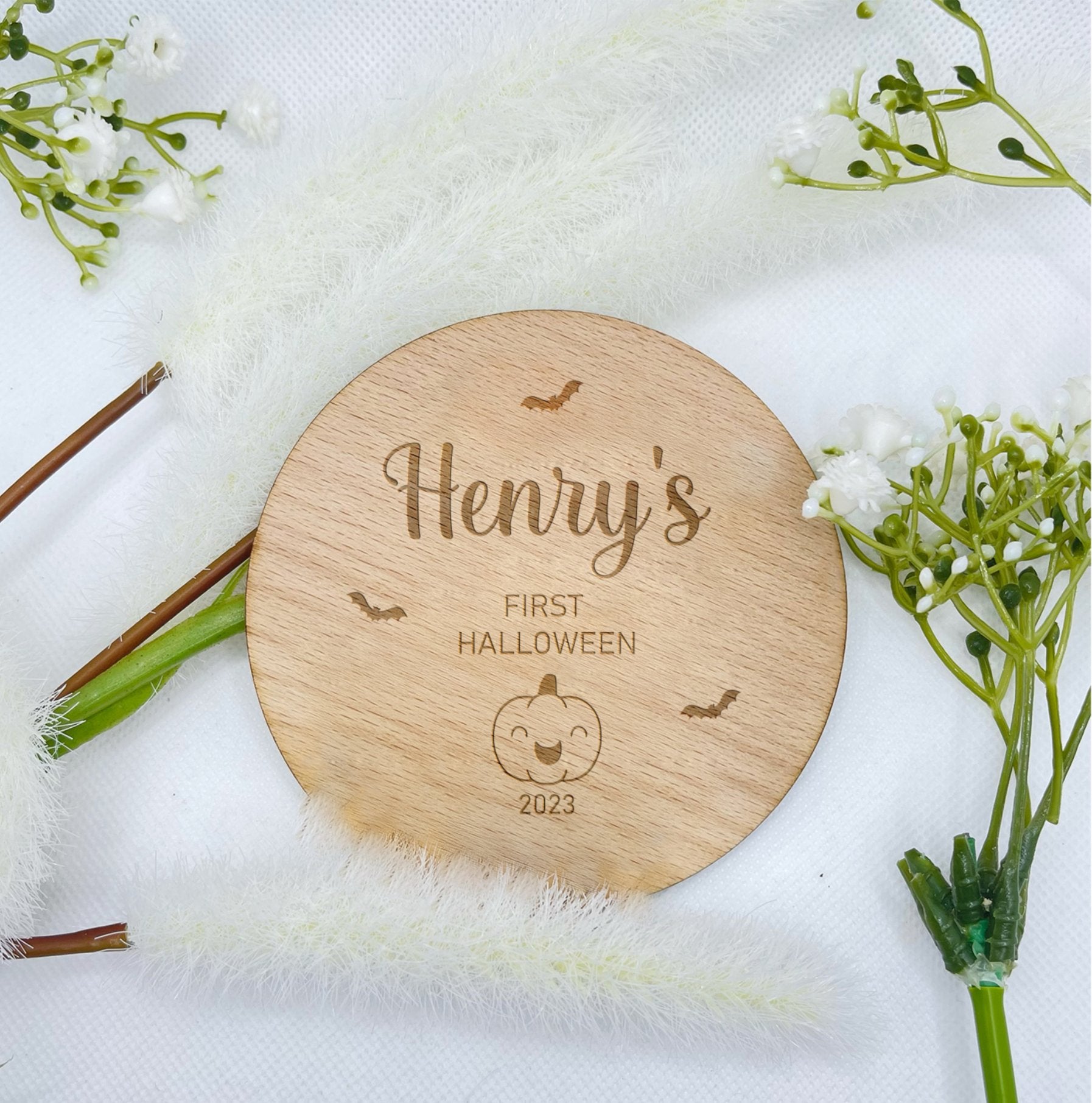 Personalised Baby's First Halloween Plaque - Engraved cherry wood plaque with cute pumpkin and bats design. Preserve precious memories of this milestone with a custom keepsake. Perfect Halloween decor/photo prop for your little one!