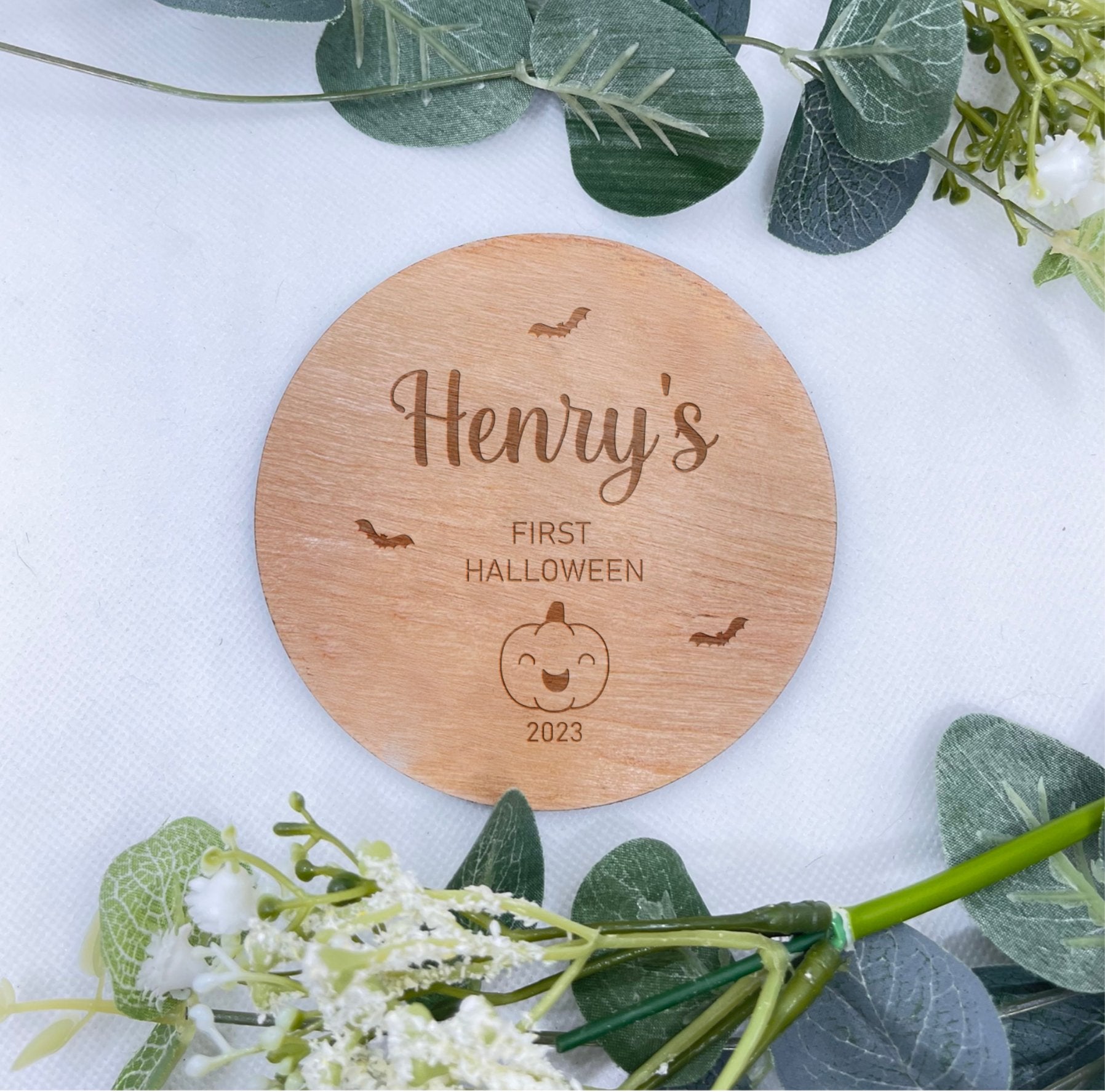  Baby's First Halloween Plaque - Custom engraved cherry wood keepsake featuring a pumpkin and bats design. Capture the magic of your little one's first Halloween with this charming memento. Ideal Halloween decoration and gift photo prop. 