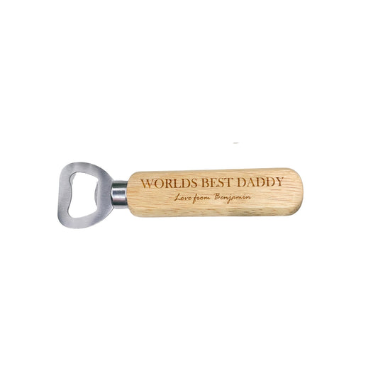 Personalised laser-engraved wood bottle opener with metal accent, featuring a unique design for easy use. Customizable with your own writing on the top and bottom, making it a perfect gift for weddings, birthdays, and Christmas.