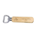 The Personalised Classic Bottle Opener featuring a sleek metallic opener and a stylish wooden handle, engraved with individual names and roles, ideal for wedding parties and birthdays.