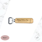 Personalised wooden bottle opener made from high-quality wood, featuring a custom engraved name and special message. The bottle opener is prominently displayed and the detailed wood grain is visible. Also shown is the metal part of the opener, demonstrating its functionality. The product is pictured in a homely setting, highlighting its ideal use for family gatherings and daily use. The image includes a Father's Day theme with associated graphics such as ties and beer mugs.