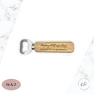 Personalised wooden bottle opener made from high-quality wood, featuring a custom engraved name and special message. The bottle opener is prominently displayed and the detailed wood grain is visible. Also shown is the metal part of the opener, demonstrating its functionality. The product is pictured in a homely setting, highlighting its ideal use for family gatherings and daily use. The image includes a Father's Day theme with associated graphics such as ties and beer mugs.