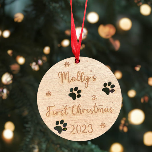 Personalised Dogs Christmas Bauble: Dogs First Christmas Paws