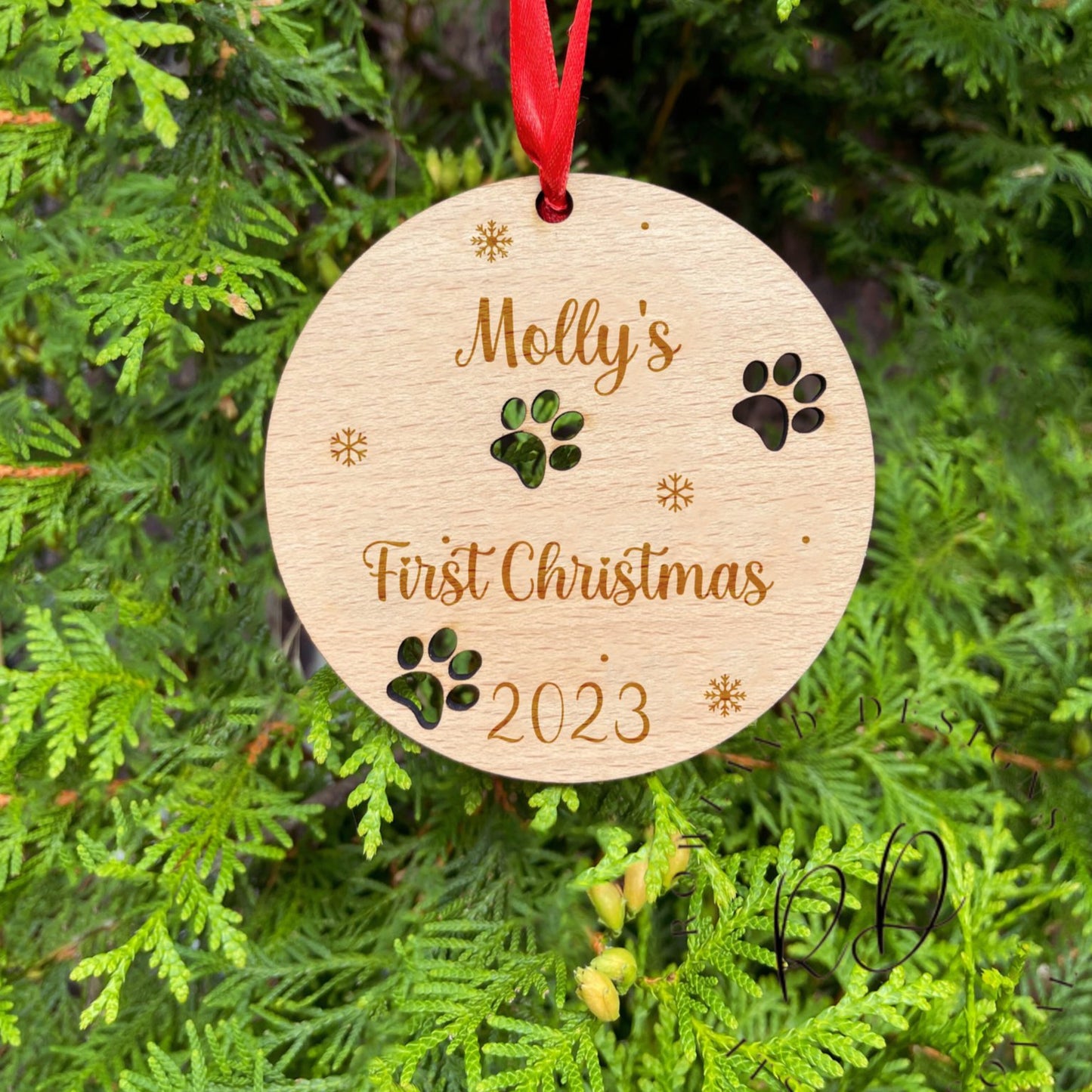 Lovely Rustic Bauble for their Furry Friend, Personalised with Name & Year, Beautiful Paw Print Cut-Out, Crafted from Natural Wood