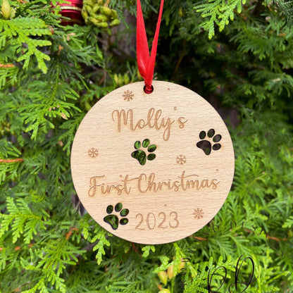 Customised Wooden Christmas Bauble with Pup's Name, Paw Prints, and Year