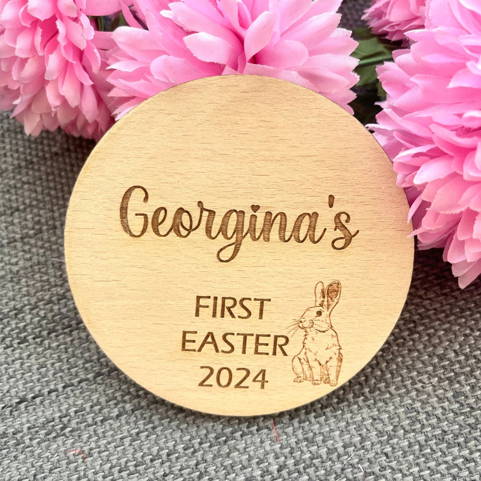 Celebrate your little one's first Easter with a bespoke touch! Our Personalised Engraved Name Plaque, made from Beech veneer, is a delightful keepsake. Perfect for photos, available in 10cmX10cm or 15cmX15CM.