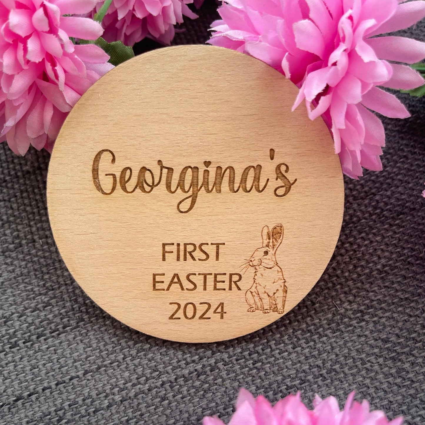 Make your baby's first Easter special with a Personalised Engraved Name Plaque. Crafted from Beech veneer, this 4mm thick keepsake adds charm to photos. Sizes available: 10cmX10cm or 15cmX15CM.