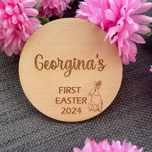 Personalise your baby's first Easter celebration with our Engraved Name Plaque! Crafted from Beech veneer, this 4mm thick keepsake is a charming addition to photos. Choose from 10cmX10cm or 15cmX15CM.