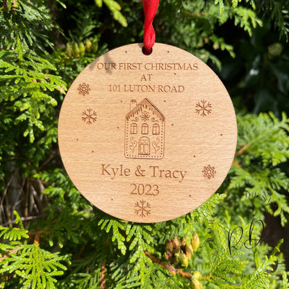 Make your first Christmas in your new home extra special with our Personalized First Home Christmas Ornament. Customize it with your home's name, street, the couple's names, and the year. Crafted from 4mm beech veneer, this 100mm x 100mm ornament adds a touch of elegance to your holiday decor and comes with a vibrant red ribbon. The perfect keepsake for the holiday season.