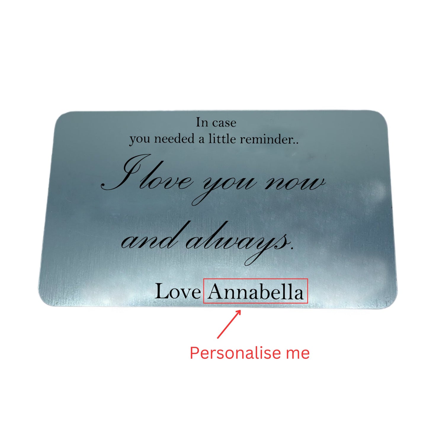 Presenting a charming wallet insert - a flawless gift for couples during Valentine's Day, anniversaries, birthdays, weddings, and more. Tailored to fit wallet credit card slots, this non-metal piece ensures no interference with cards. Featuring a personalized name, it's the ultimate keepsake for any special moment.