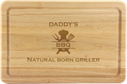 Custom Engraved Wooden Chopping Board with 'Natural Born Griller' and BBQ Image, Personalized Chopping Board with Laser-Engraved Name and Grill Design