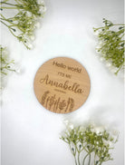 Baby announcement. Personalise your plaque with your baby's first middle & last name as shown. This would make the perfect first gift for new parents.  Made from: Oak veneer  SIZE: 10x10cm or 15x15cm (approx)   Thickness: 4mm  Not intended to be used by children. Adult supervision is required. 