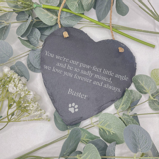 Capturing the essence of everlasting love, our Personalised Slate Heart Memorial beautifully engraved with your pet's name. A touching tribute to cherish always. H14cm x W15cm.