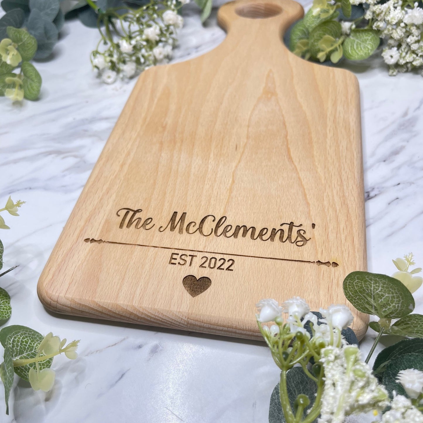 Top View of Personalised Beech Wood Chopping Serving Board with Family Name