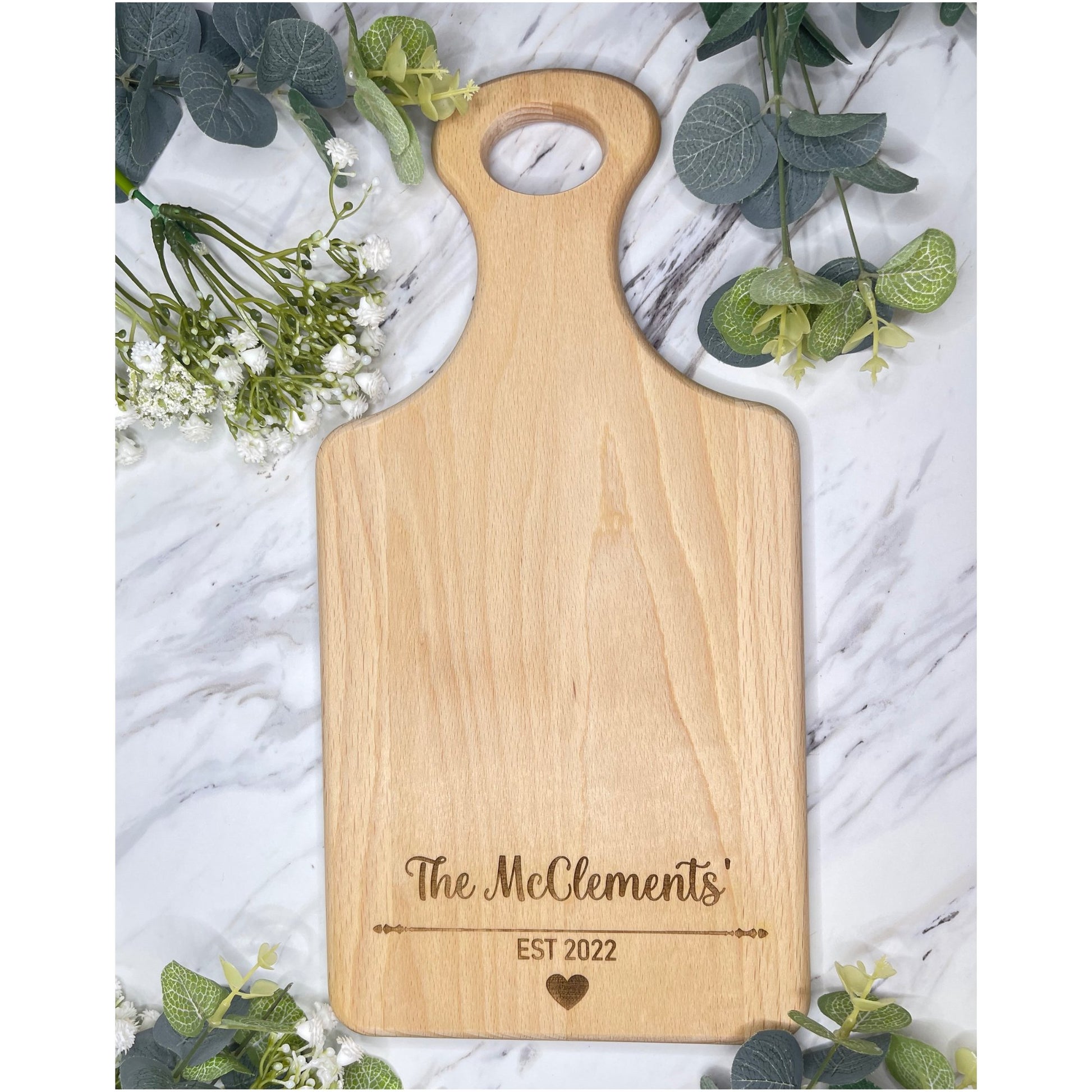 Personalised Beech Wood Chopping Serving Board with Custom Surname and Year