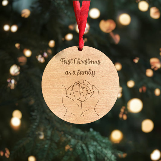 Handcrafted Wooden Round Shaped Christmas Bauble featuring a Heartwarming Intertwined Hands Image and a Festive Red Ribbon - Holiday Decor